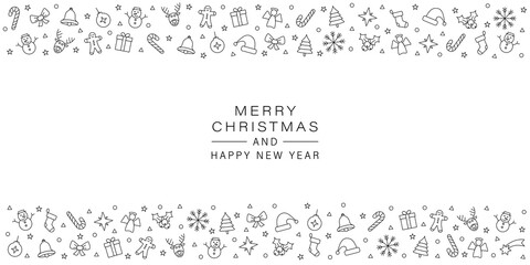 christmas vector banner line icon element white background. celebration greeting card. black element ornament with santa, reindeer, gift, tree, snowflake, angel, sock, snowman.