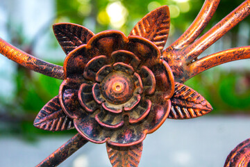 metal flower rose ornament fence . Steel fence of residential house modern style. Art forging, a...