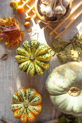 Autumn composition of dry leaves, garlic and pumpkins