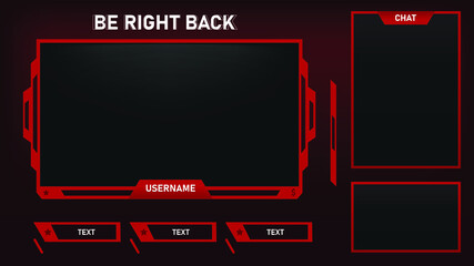Stream Overlay Be Right Back Screen Red and Black theme with Chat Box, Minimalist Geometrical Design, Vector Illustration	