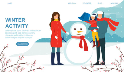 Winter activities concept. Family mom dad and a small child making a snowman together. Flat vector illustration. Web page template