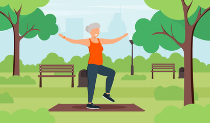 An elderly woman practicing yoga outdoors in a Park. Flat vector illustration. Healthy lifestyle concept