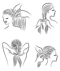 Collection. Silhouette profile of the head of a lovely lady. The girl braids her long hair in braids with her hands. Vector illustration set.