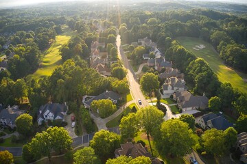 Beautiful aerial view of a sub division with golf course and a beautiful lake  in suburbs of Atlanta during golden hour.