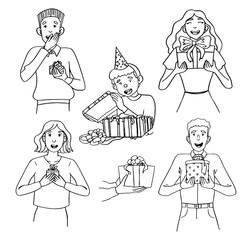 Doodles illustrations set of joyful people with gifts. Concept of accept or give present. Hand drawn vector collection in simple flat style. Contour drawings isolated on white for design, card, logo.