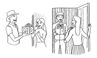 Doodles illustrations of delivery man with gift box. Courier delivering order to the home of girl. Safety home delivery concept. Hand drawn vector contour drawings isolated on white. For design, logo.