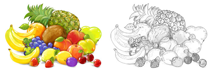 cartoon fruit scene with many different fruit as a meal set on w
