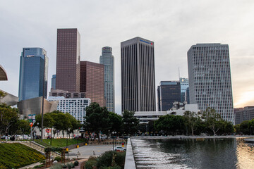 downtown los angeles skyline cityscape from street view
