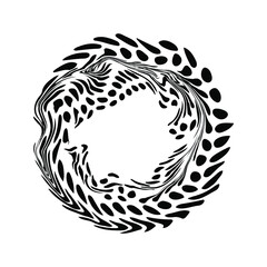 Vector graphics. Monochrome blots, petal-shaped spots and animal print. Round, hand-drawn logo, stencil, dotted frame, web banner, poster, social media splash screen with place to place your text.