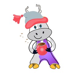 Cute bull in a winter hat drinks coffee, holds a red mug with a hoof.
Vector isolated on white background.