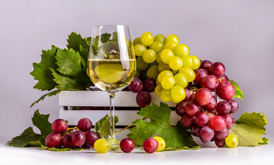 Glass with white sparkling wine, green and pink grapes with leaves in a white box