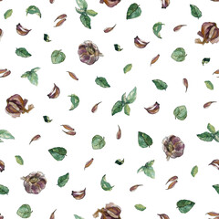 Fototapeta premium Seamless pattern of garlic cloves and bulbs and green basil leaves on white background. Watercolour illustration. For cookbook, recipe, menu, wallpaper, textile, wrapping paper and packaging design.