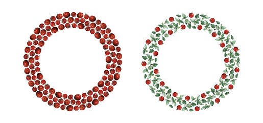 Two wreaths of red cherry tomatoes and green basil twigs and leaves, isolated on white. Watercolor illustration. For invitations, cards, menu, recipe, cookbook, stationery and packaging design.
