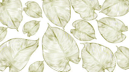 Luxurious gold floral print on a white background. Golden leaf fall. Floral pattern, philodendron gold leaf, line art violets. Vector dimensionless graphics. © Alena Lauretskaia