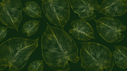 Luxurious gold floral print on a green background. Floral pattern, golden leaf of philodendron, violets with lines. Vector dimensionless graphics.