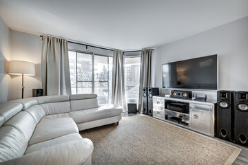 Beautiful empty renovated apartment in an apartment building with bathroom, new kitchen, new floors, all white painted
