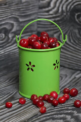 Red cranberries in a miniature green bucket. Stands on brushed boards. Some berries are scattered nearby.