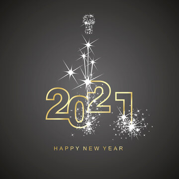 Happy New Year 2021 firework white line design numbers gold white black background