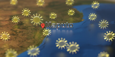 Maputo city and sunny weather icon on the map, weather forecast related 3D rendering