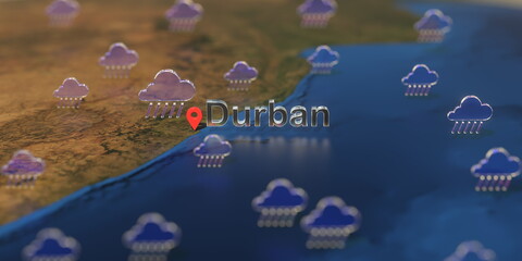 Rainy weather icons near Durban city on the map, weather forecast related 3D rendering - obrazy, fototapety, plakaty