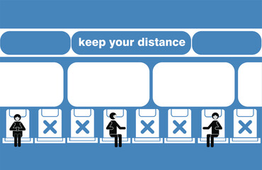 Obraz premium Information banner on the need to adhere to social distance in transport. Vector graphics.
