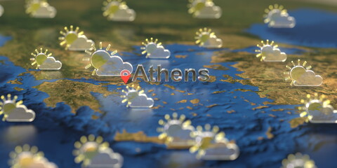 Athens city and partly cloudy weather icon on the map, weather forecast related 3D rendering