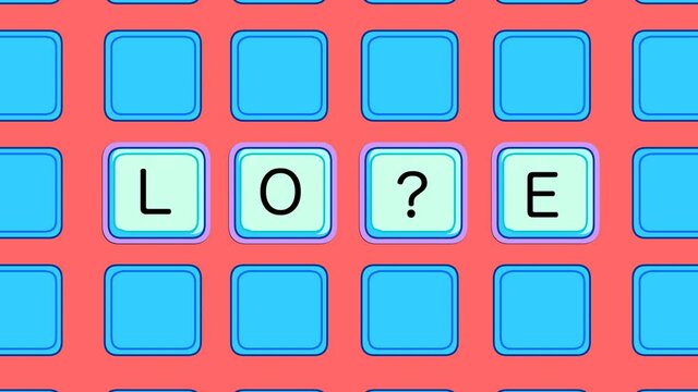 Four letters, love, lose, lone opening. Problem, reply, answer. Rotating cubes. Wheel of fortune. Crossword, multiple choice question. Word. Noun, verb, adjective puzzle, riddle. 4K animation