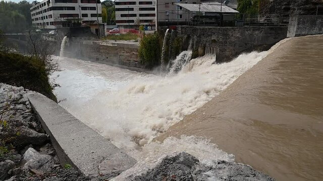 wide, slovenia, kokra, kranj, climate change, spillway, concrete, city, canal, wave, brown, rage, flood, river, overflow, high water, wild, cascade, rapid, flow, storm, environment, muddy, dirty, disa