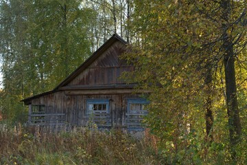 Fototapeta na wymiar Old wooden house with boarded up windows and an extension among the trees of the autumn forest