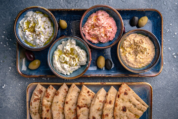 Assorted appetizers of cottage cheese with garlic, salmon with cheese, eggplant with pita. Natural delicious food. Greek cuisine menu. Still life in a marine style on a blue background.