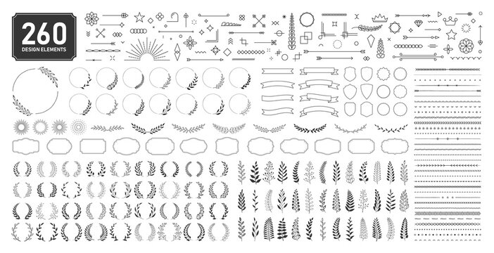 Set of 260 design elements. Wreath, frames, calligraphic, swirls divider, laurel leaves, ornate, award, arrows. Decorative vintage line elements collection. Vector illustration.