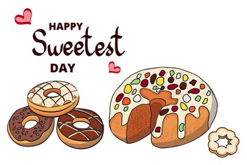 stock vector happy sweetest day hand drawn donuts and cake  isolated on white background cartoon illustration