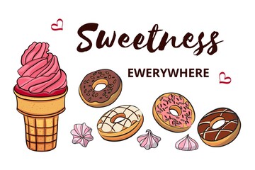 stock vector sweetness everywhere hand drawn sweets greeting card isolated on white background cartoon illustration