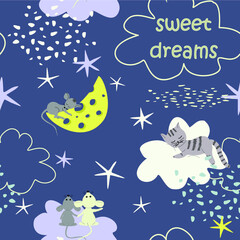 Seamless childish pattern with starry sky, moon, cat and mouses. Creative kids texture for fabric, wrapping, textile, wallpaper, apparel. Vector illustration.