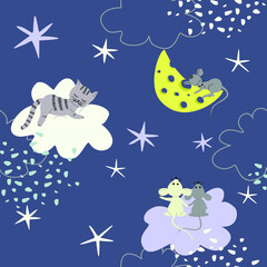 Seamless childish pattern with starry sky, moon, cat and mouses. Creative kids texture for fabric, wrapping, textile, wallpaper, apparel. Vector illustration.