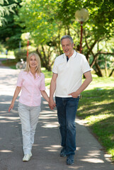 Obraz premium Couple walking in a park while holding hands
