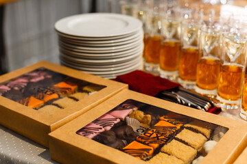 Restaurant serving, glasses with wine and juice in a row
