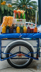 Mexican Cargo Bike Full of Fried Snacks, Soda Bottles and Slush Syrup Bottles With Palm Trees in the Background