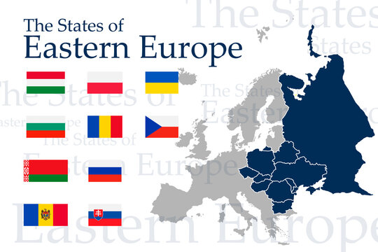 A set of icons for flags of Eastern Europe. Vector image of flags and maps of Europe on a white background. You can use it to create a website, print brochures, booklets, flyers, and travel guides.