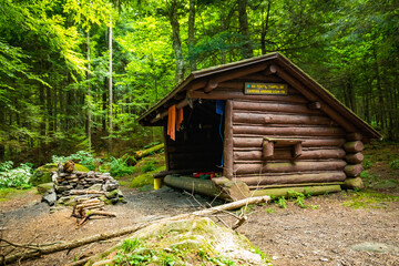 Wooden cabin in the forest with sleeping gear at summer
