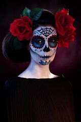 Portrait of woman wearing a professional makeup at halloween.