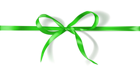 Green bow made of narrow ribbon with shadow on white background. Horizontal arrangement