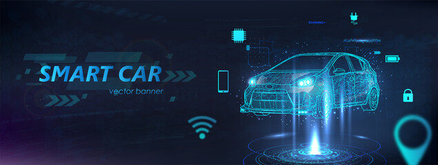 Polygonal smart auto hologram, futuristic banner electric machine with aspects in the form of icons. Autonomous car vehicle with infographic. Intelligent car banner with machine benefits. Vector
