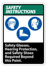 Safety Instructions Sign Safety Glasses, Hearing Protection, And Safety Shoes Required Beyond This Point on white background
