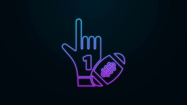 Glowing neon line Number 1 one fan hand glove with finger raised and american football ball icon isolated on black background. Set of sport equipment. 4K Video motion graphic animation