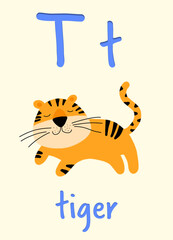 Fototapeta na wymiar Learning English alphabet. Card with letter T and tiger, illustration