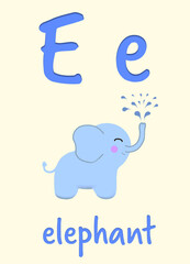 Learning English alphabet. Card with letter E and elephant, illustration