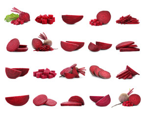 Set of cut fresh beets on white background