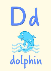 Learning English alphabet. Card with letter D and dolphin, illustration