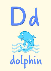 Obraz premium Learning English alphabet. Card with letter D and dolphin, illustration
